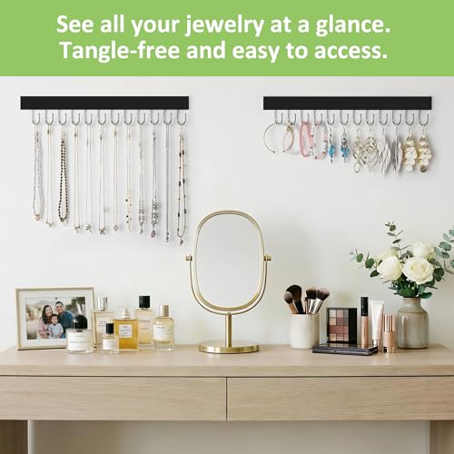 Jewelry Organizer Wall Mounted 2 Pack, Wooden Necklace Holder Wall Hanger with 24 Hooks for Hanging Necklaces and Jewelry Storage, Black - color: Black