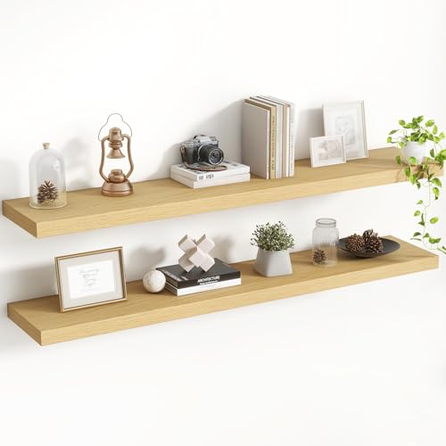 Acovy 48 Inch Floating Shelves, 8 Inch Deep Floating Shelves for Wall, Hanging Shelf with Invisible Brackets, Deep Shelves for Bathroom, Bedroom, Living Room, Oak, Set of 2 - color: Oak, size: 8"Wx48"L-2pcs