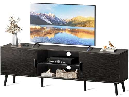 SUPERJARE TV Stand for 55 Inch TV, Entertainment Center with Adjustable Shelf, 2 Cabinets, TV Console Table, Media Console, Solid Wood Feet, Cord Holes, for Living Room, Bedroom, Black - color: Black, size: 53.9"