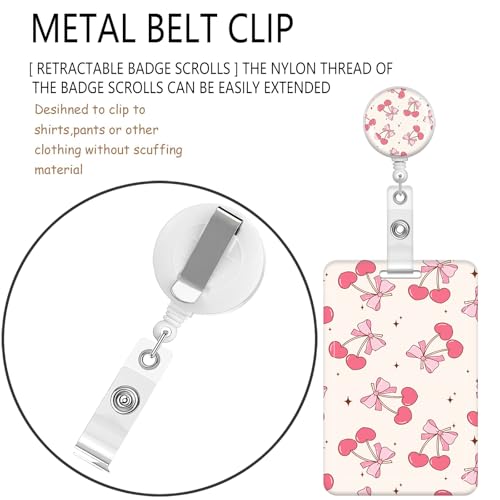 ID Badge Holder with Lanyard Fashionable ID Card Holders with Retractable Lanyards Soft Fiber Metal Clip Sturdy Buckle for Key Wallet Work Nurse Teacher (Pink Bow Cherry) - color: Pink Bow Cherry