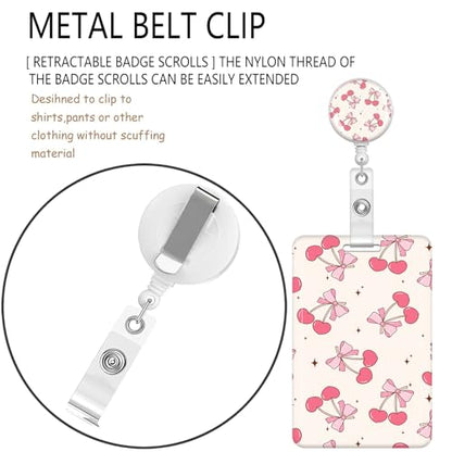 ID Badge Holder with Lanyard Fashionable ID Card Holders with Retractable Lanyards Soft Fiber Metal Clip Sturdy Buckle for Key Wallet Work Nurse Teacher (Pink Bow Cherry) - color: Pink Bow Cherry
