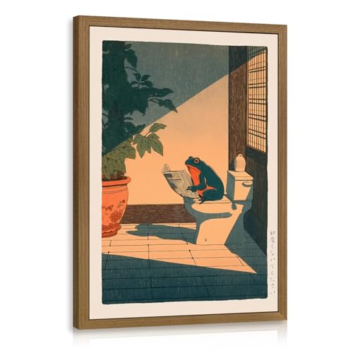 LERVR Wood Framed Funny Frog Bathroom Wall Art, Whimsical Frog Reading Newspaper on Toilet Wall Decor, Cute Animal Bathroom Canvas Print, Humorous Japanese Style Artwork for Restroom 16x24 Inch - color: Frog, size: 24"L x 16"W