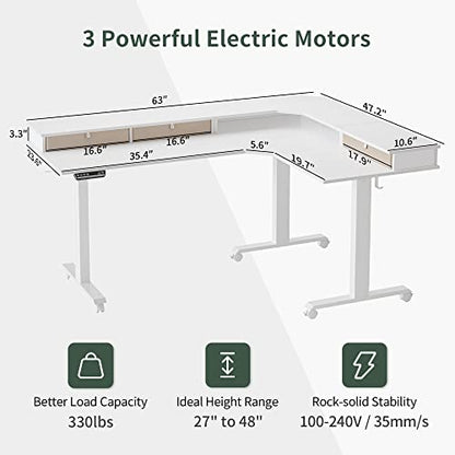 FEZIBO Triple Motor 63" L Shaped Standing Desk with 3 Drawers, Electric Standing Gaming Desk Adjustable Height, Corner Stand up Desk with Splice Board, White Frame/White Top