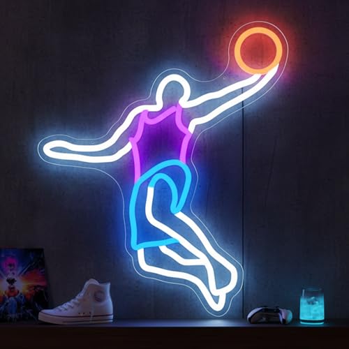 Basketball Neon Sign for Wall Decor, Basketball LED Sign Slam Dunk Neon Lights, Dimmable Neon Basketball Sign for Boys&Girls Game Room, Man Cave, Fan Party, Teen Bedroom & Sports Fans (15.07x12.71 in) - color: Blue,white Slam Dunk
