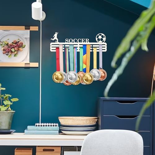 Resama Medal Hanger Holder Display Wall Rack Frame Shelf-Medal Hanger Awards Ribbon Soccer,Gymnastics,Holder Display Rack for 60 Medals - color: Soccer White