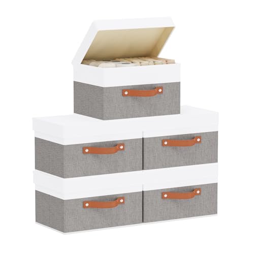 Fabric Storage Bins with Lids, Linen Collapsible Boxes, Storage Baskets with Double Handles, White and Grey, 5 Pack, 13 x 9.1 x 7.9 Inch - color: White/Grey, size: 13x9.1x7.9in(5-Pack)
