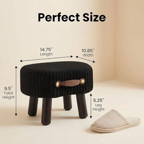 Foot Stools Ottoman with Handle Small Foot Stool Footrest Ottomon | Velvet Footstool Ottoman with Padded Seat, Curved Foot Rest Stool with Wooden Legs for Living Room, Entrywa（Black） - color: Black