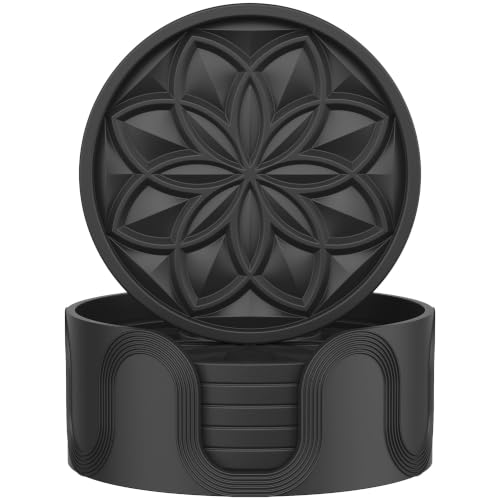 HFHOME Silicone Coasters Set with Holder - 6 Pack Drink Coasters for Coffee Table, Bar, Desk - Tabletop Protection Gift - Black - color: Pure Black