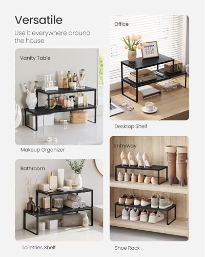 SONGMICS Spice Racks, Set of 2 Expandable Kitchen Countertop Shelves, Small Cupboard Organizers, Metal, Space-Saving Tabletop Shelves, Matte Black UKCS402B01 - color: Matte Black, size: Set of 2