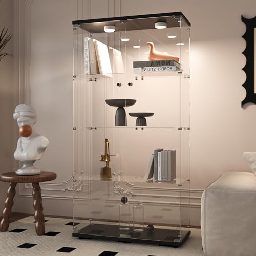 Beauty4U Glass Display Cabinet with Light, 4 Shelves with 2 Doors, Curio Cabinets for Living Room, Bedroom, Office, Black Floor Standing Glass Bookshelf, Quick Installation - color: Black-led, size: 2-Door 4-Shelf