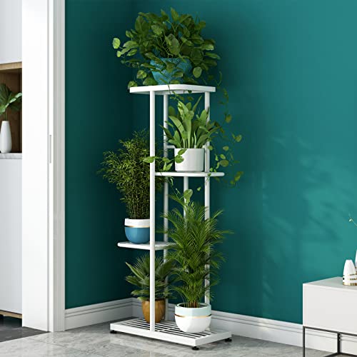 LINZINAR Plant Stand Indoor Outdoor Metal 4 Tier 5 Potted Multiple Flower Pot Holder Shelf Planter Display Shelving Unit for Patio Garden Corner Balcony Living Room (4 Tier 5 Potted, White) - color: White, size: 4 Tier-5 Potted