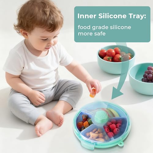KingKam Kids Snack Spinner Containers, Reusable Toddler Spin Snack Container Box with 4 Compartments & Lid, BPA Free Food Grade Silicone Tray Dishwasher Safe, Travel Snacking Accessories (Blue/Green)