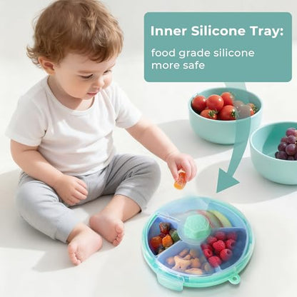 KingKam Kids Snack Spinner Containers, Reusable Toddler Spin Snack Container Box with 4 Compartments & Lid, BPA Free Food Grade Silicone Tray Dishwasher Safe, Travel Snacking Accessories (Blue/Green)