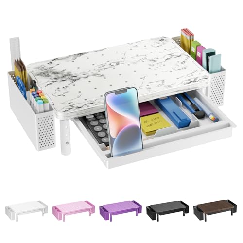 WALI Computer Monitor Stand with Storage, Desk Organizer with Drawer and Pen Holder, Desk Monitor Riser 3 Height Adjustable, Laptop Riser for Computer, Laptop, Printer(PTT003-M), 1 Pack, Marble - color: Marble, size: 14.6"L * 9.3"W,11" 1 Drawer, 2 Pen Hol
