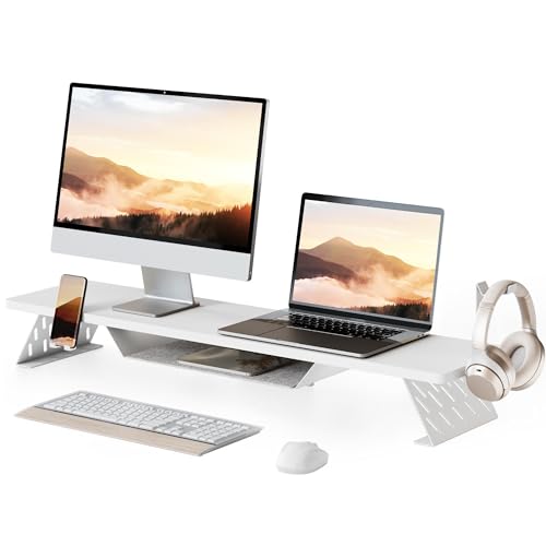 Fenge Dual Monitor Stand, 42.5 Inch Monitor Riser for Desk, Wood Desk Shelf for 2 Monitors, 2 Tier Monitor Shelf with Headphone Stand & Phone Holder - color: White