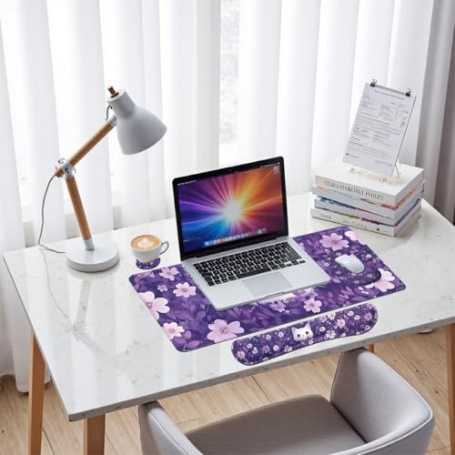 Cute Cat Desk Mat Set Purple Floral Kawaii Cartoon Large Mouse Pad with Wrist Rest 4in1 Desk Mat for Desktop Ergonomic Keyboard Wrist Support Anti-Slip Computer Ergonomic Mouse Pad Home Office Gaming - color: Cute Cat