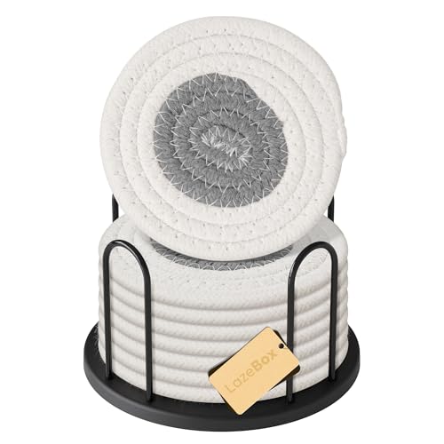 Lazebox Coasters Set of 8 for Drinks, 4 Inch Large Coasters for Coffee Table, Tabletop Protection for Hot & Cold Drinks, Versatile Coasters for Home Decor, Non-Slip & Easy to Clean, White with Grey - color: White With Grey
