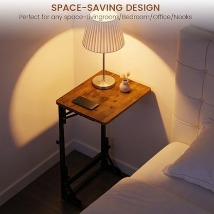 Folding Side Table, Adjustable C-Shaped End Table for Couch, Metal Frame TV Tray Table for Sofa Living Bedroom Bedside Coffee Small Spaces (Brown, 23.6" L x 15.8" W) - size: 23.6"L x 15.8"W