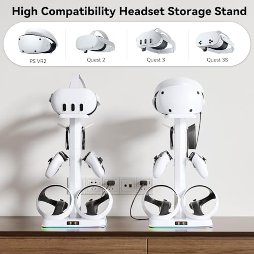 Kosker PSVR2 Magnetic Charging Dock & Headset Stand, for Meta Quest 2/3/3S | Fast 2.5H Charging, 9 RGB Lighting Modes, Overcharge Protection, Storage Holder for VR2 Headset & Sense Controllers - color: updated white