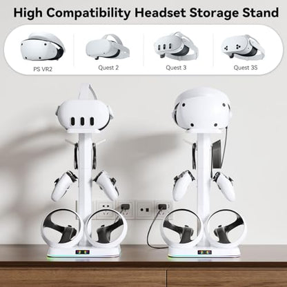 Kosker PSVR2 Magnetic Charging Dock & Headset Stand, for Meta Quest 2/3/3S | Fast 2.5H Charging, 9 RGB Lighting Modes, Overcharge Protection, Storage Holder for VR2 Headset & Sense Controllers - color: updated white
