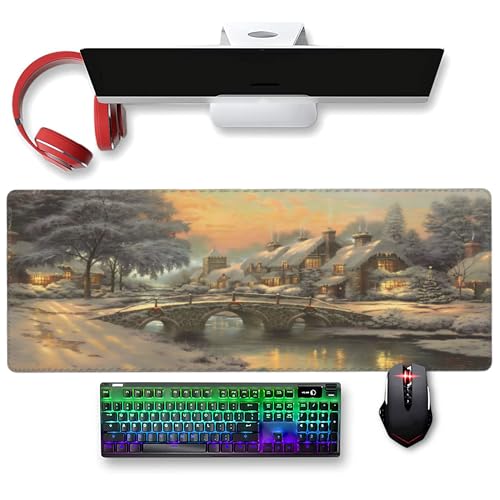 XXL Gaming Mouse Pad 35.4x15.7 inch, Christmas Art Rustic Landscape Theme Desk Mat, River Village Oil Painting Scene Large Mousepad，Fantasy Artistic Keyboard Mouse Mat (Northern Snowscape) - color: Northern Snowscape