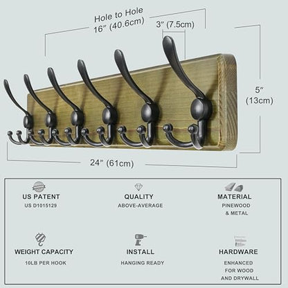 Dseap Coat Rack Wall Mounted - 24" Long 6 Tri Hooks, Heavy Duty Wooden Wall Coat Hanger Coat Hook for Clothes Hat Jacket Clothing, Weathered Green and Black - color: Weathered Green & Black, size: L=24"