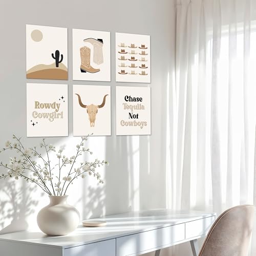 Isfvqyub Preppy Boho Western Country Wall Art, Aesthetic Cowboy Hat Cowgirl Boot Poster For Girl Boy, Trendy Cow Skull Wall Decor For Bedroom Dorm College Apartment, Set Of 6 -A15 - size: Western Country