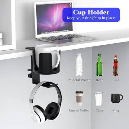 Desk Cup Holder Clip On with Buckle Clamp Hook,Deeper Drink Table Holder for Water Bottles & Coffee Mugs Bags Headphone Hanger,Adjustable Large Metal Clamp for Office & Gaming,Home,Black - size: 3.94"L x 3.94"W x 5.51"H
