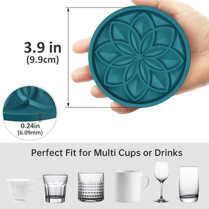 HFHOME Silicone Coasters Set with Holder - 6 Pack Drink Coasters for Coffee Table, Bar, Desk - Tabletop Protection Gift - Blue - color: Peacock Blue