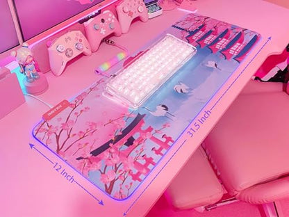 JMIYAV Pink Sakura RGB Gaming Mouse Pad 31.5x12 Inch PC XL Large Extended Glowing Led Light Up Desk Pad Non-Slip Rubber Base Computer Mouse Pad Cute Mousepad Mat - color: P-cherry Blossom