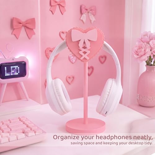 Kingdder Pink Heart Bow Headphone Stand Cute Wood Headphone Stand Adorable Headset Holder Accessories Gamer Gifts for Teenage Women Teacher Girlfriend Office Worker Wife Gamer Room Office Desk - style: Heart Bow