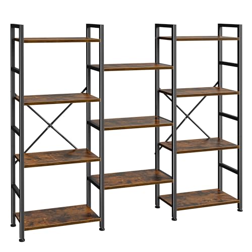 SUPERJARE Triple Bookshelf, Bookcase with 11 Open Display Shelves, Wide Book Shelf Book Case for Home & Office, 4 Tier, Brown - color: Rustic Brown, size: 4 Tier