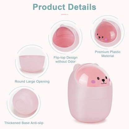 2Pack Small Trash Can with Lid, Cute Mini Trash Can with 4 Rolls of Bin Liners, Tiny Desktop Waste Garbage Bin for Home, Office, Kitchen, Bathroom, Bedroom, Pink & White