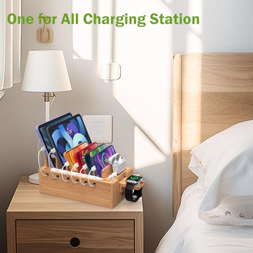 Pezin & Hulin Bamboo Charging Station for Multiple Devices with 5 Port USB Charger, 5 Cables and Watch Stand. Wood Desktop Docking Stations Organizer for Cell Phone, Tablet, Watch, Office Accessories