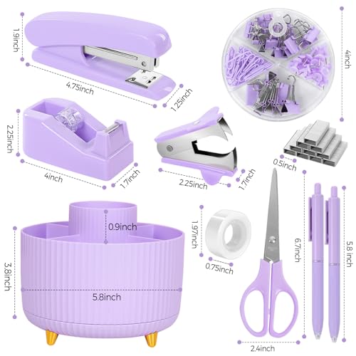 SKYDUE Purple Office Supplies Set, Purple Office Desk Accessories 10PCS, Pencil Holder for Desk, Stapler, Tape Dispenser, Scissors, Ruler, Binder/Paper Clips and 1000pcs Staples,Desk Supplies Set - color: Purple
