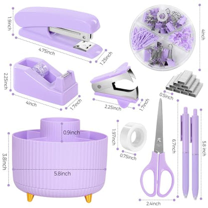 SKYDUE Purple Office Supplies Set, Purple Office Desk Accessories 10PCS, Pencil Holder for Desk, Stapler, Tape Dispenser, Scissors, Ruler, Binder/Paper Clips and 1000pcs Staples,Desk Supplies Set - color: Purple