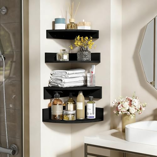 Alsonerbay Black Corner Wall Shelf, Floating Shelves Wall Mount Set of 4, Rustic Wood Shelves for Bedroom, Living Room, Bathroom, Entryway, Garage | for Bedroom - color: Black, size: Set of 4