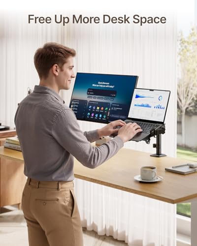 monTEK 2-in-1 Monitor Mount and Laptop Stand for Desk, Ergonomic Height Adjustable Monitor Arm Fits up to 32-Inch Screen and 17-Inch Notebook, Holds up to 22 lbs, C-Clamp and Grommet