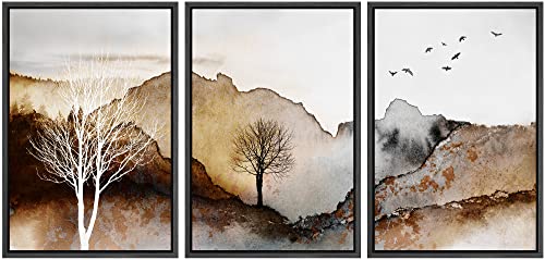 NWT Framed Canvas Print Wall Art Set Pastel Watercolor Gold Mountain Forest Nature Wilderness Illustrations Modern Art Decorative Landscape Rustic for Living Room, Bedroom, Office - 16"x24"x3 Black - color: A002-2206-yuk20, size: 16" x 24" x 3 Panels BLAC