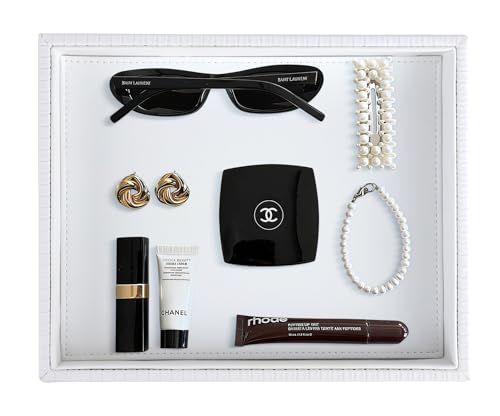 HofferRuffer Faux Leather Vanity Tray, Elegant Desktop Storage Organizer, Decorative Catchall for Perfume, Bathroom Valet, Nightstand or Dresser, 10.2 x 8.4 x 1.8 inches (White Stripe) - color: White Stripe, size: 10.2" x 8.4" x 1.8"