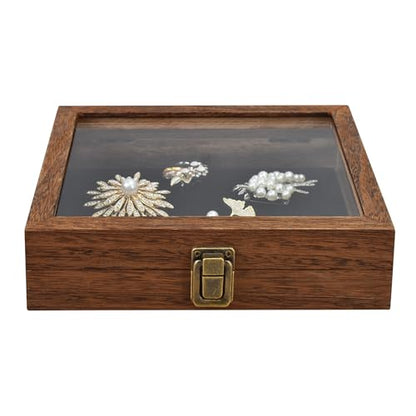 MOOCA Tempered-Glass Top Small Wooden Jewelry Display Case with Removable Black Luxurious Velvet Jewelry Display Pad, Deeper 2.2" Design for Collectibles, Brown Color. - color: Brown With Velvet Pad