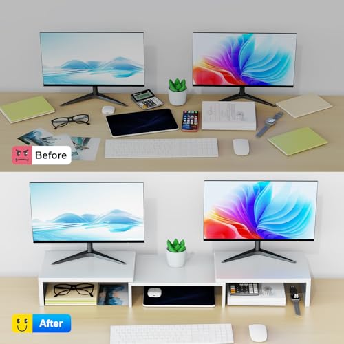 Dual Monitor Stand for Desk, Metal Computer Stand, Desk Shelf Riser,Desktop Organizer for Home and Office Use (White) - color: White
