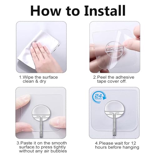JINSHUNFA Adhesive Wall Hooks 13LB Heavy Duty No Drill Transparent Waterproof Hooks for Bathroom Kitchen Towel Coat 8 Pack - color: Clear, size: Medium 8 Pcs