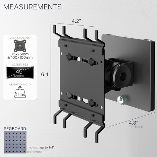 VIVO Articulating Ultrawide Monitor Pegboard Mount, Fits Screens up to 49 inches and Peg Boards up to 0.25 inches Thick with 1 inch Hole Spacing, Black, MOUNT-PB1U - size: up to 49" screens, style: Low Profile