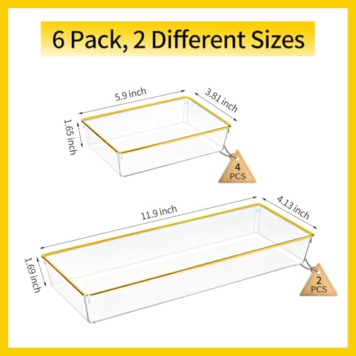 6 Pack Large Size Clear Stackable Drawer Organizer Trays, Gold Rim Makeup Drawer Storage Tray Divider, Desk Storage for Makeup, Jewelry, Bathroom, Stationary, Kitchen Utensils and Office Desk - color: Gold, size: 6 PACK