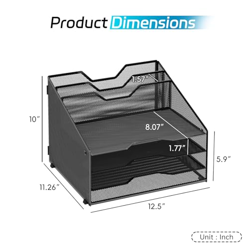 Desk File Organizer, 4 Letter Trays and 2 Upright Sections, Black | Paper organizer for desk with tiered letter trays and upright file sections for home office, school and workspace use - color: Black