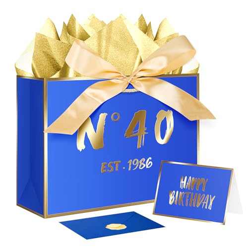 JWSCYSY 40th Blue Birthday Gift Bag with Card, Tissue Paper and Ribbon for Men Boys Birthday Party Favor, Presents Wrapping (12.6" EST 1986) - color: 40TH