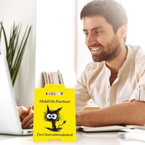 Funny Overstimulated Cat Desk Sign - Humorous Office Decor for Coworkers, Novelty Gag Gift for Mental Health and ADHD Anxiety, Social Battery Warning Sign for Cubicle and Home Office - style: Overstimulated Black Cat