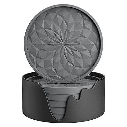 ME.FAN Silicone Coasters with Holder,[6 Pack] Drinking Coasters - Cup Mat for Hot or Cold Drinks, Thickened, Non-Slip, Non-stick,Deep Tray Dark Grey - color: Dark Gray