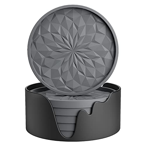 ME.FAN Silicone Coasters with Holder,[6 Pack] Drinking Coasters - Cup Mat for Hot or Cold Drinks, Thickened, Non-Slip, Non-stick,Deep Tray Dark Grey - color: Dark Gray